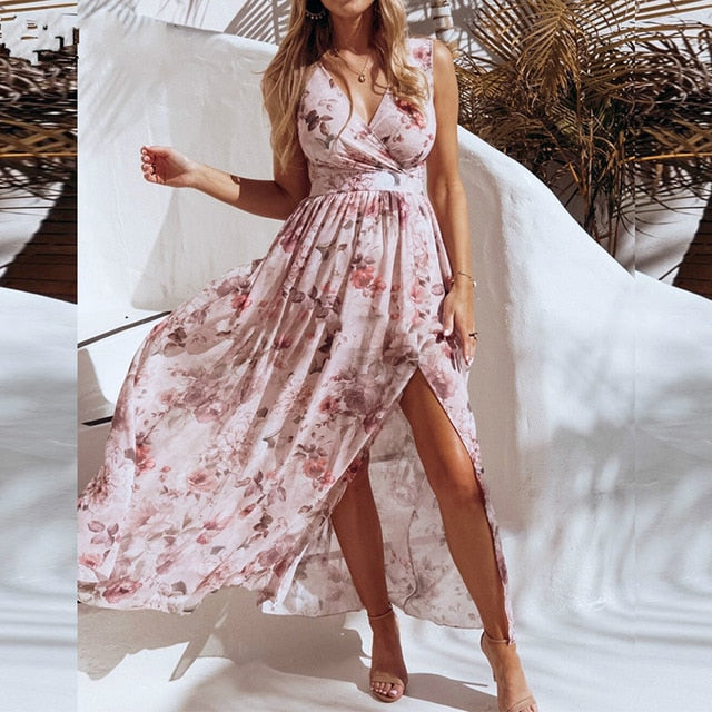 High Neck Slit Floral Print Long Summer Dress – Victoria Ronaldo
