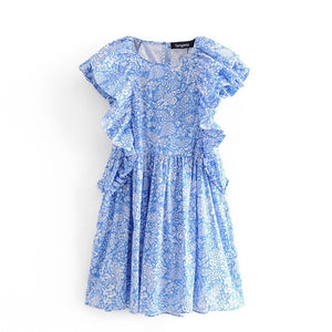 Vintage Blue Floral Print Ruffles Mini Dress