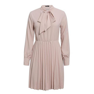 Vintage Solid Pink Pleated Dress with High Neck
