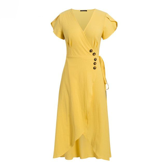 Summer V-Neck Wrap Dress with Petal Sleeves