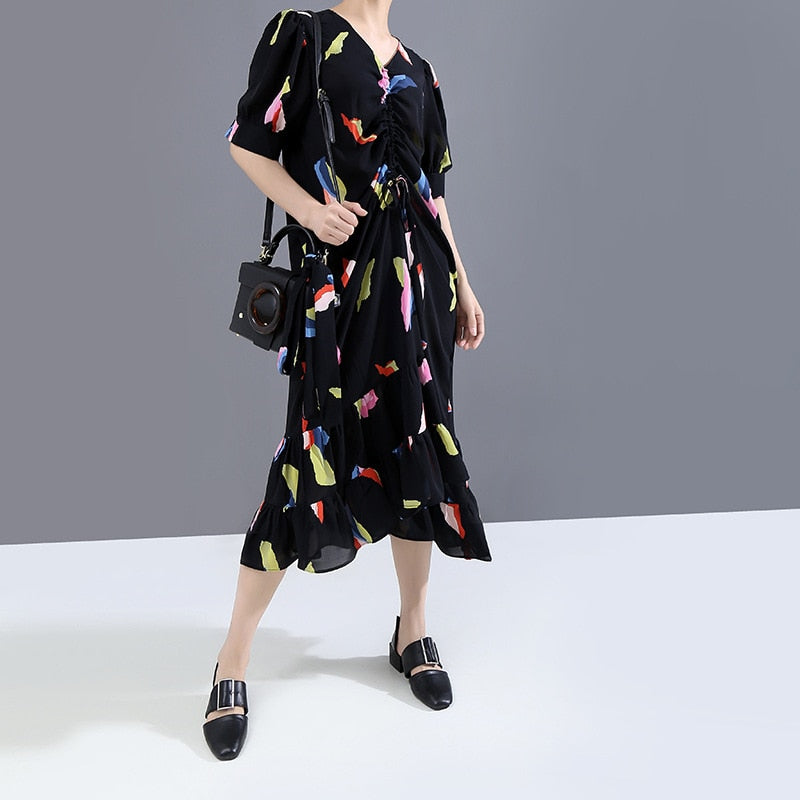 Black Colourful Pattern Printed Ruffle Dress