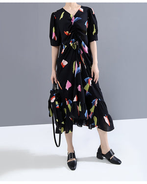 Black Colourful Pattern Printed Ruffle Dress