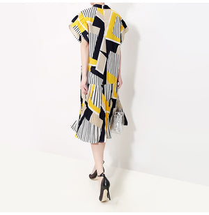 Yellow Striped Pleated Dress