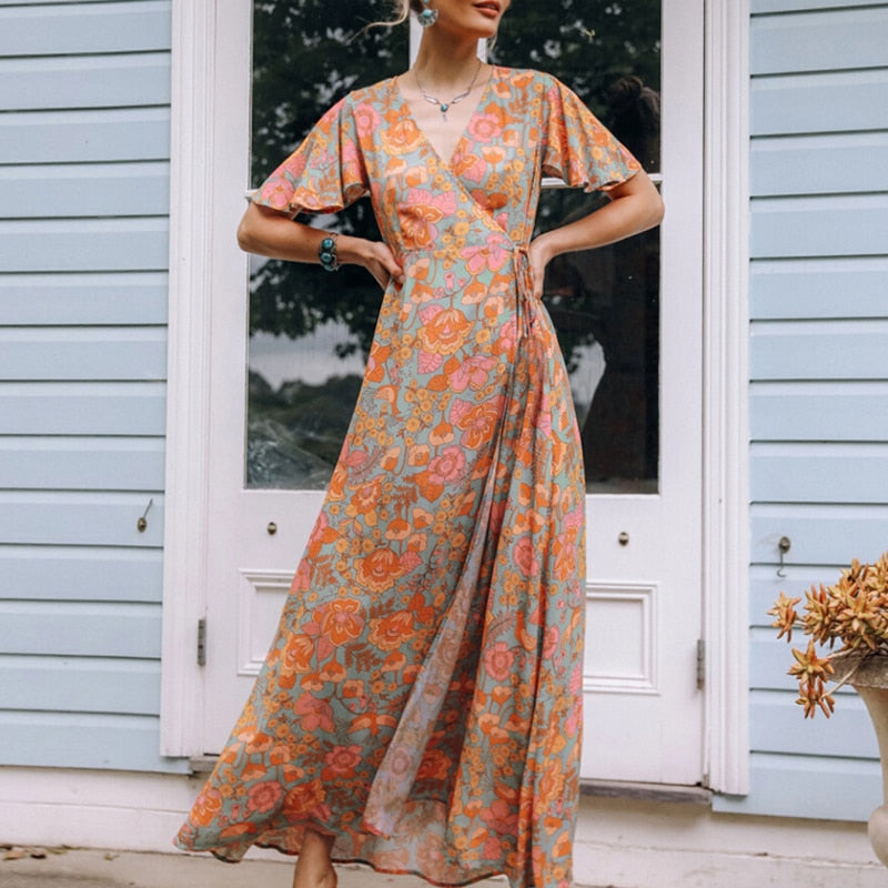 Orange Floral Print Maxi Wrap Dress