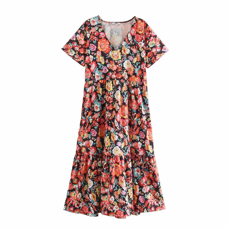 Vintage V-Neck Floral Print Chic Dress