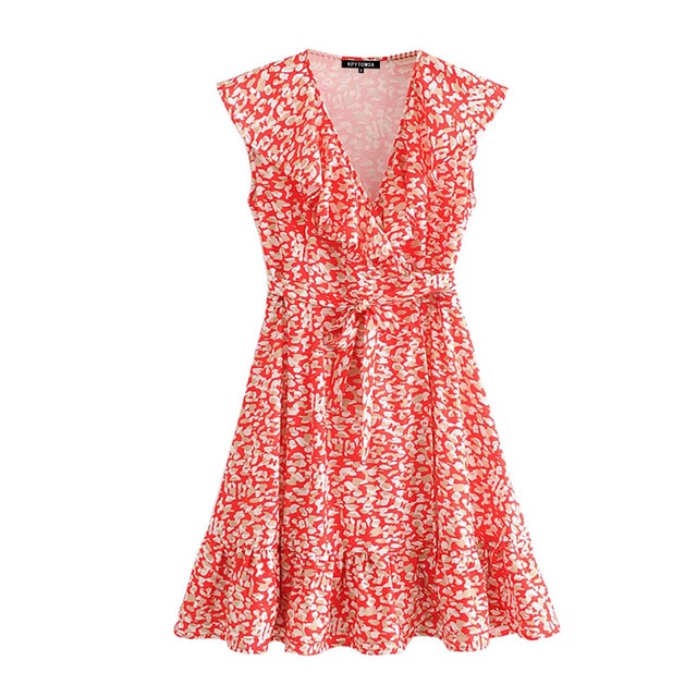 Chic Fashion Sleeveless Floral Print Ruffled Dress With Belt