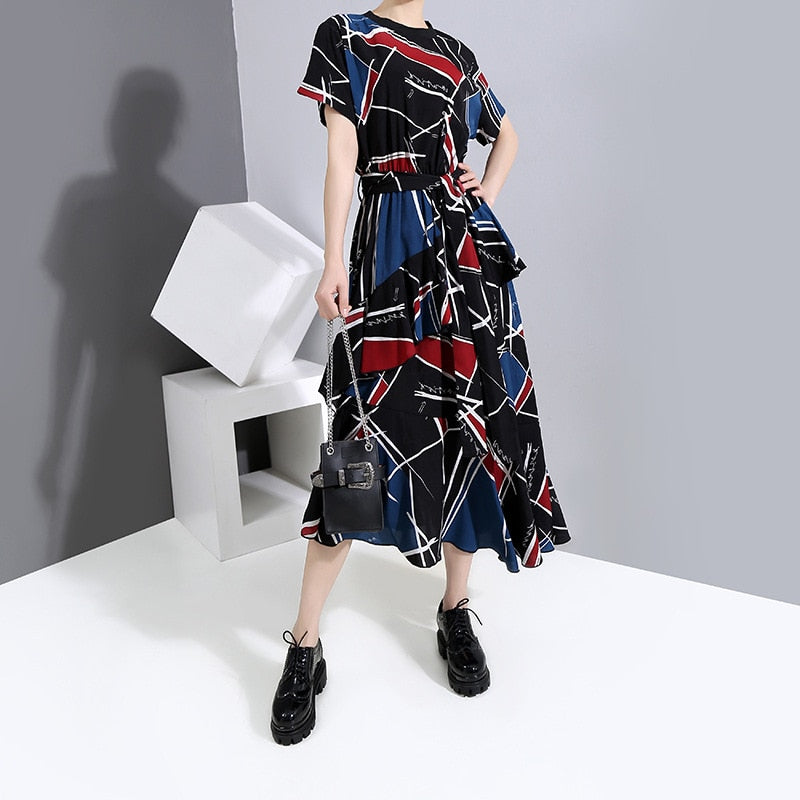 Red & Blue Pattern Printed Oversized Dress