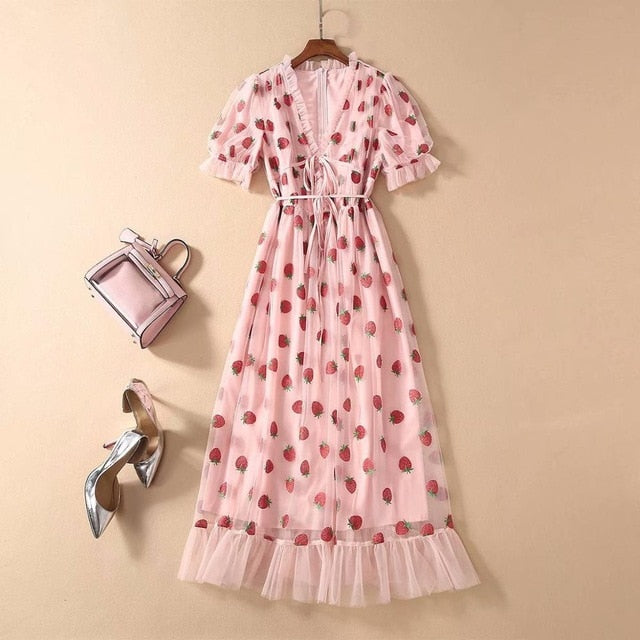 Summer Strawberry Short Sleeve Dress with Belt