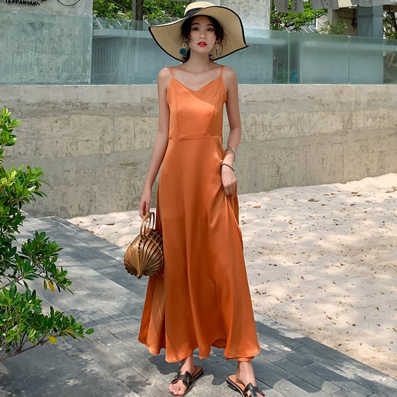 Orange Satin Backless Maxi Dress