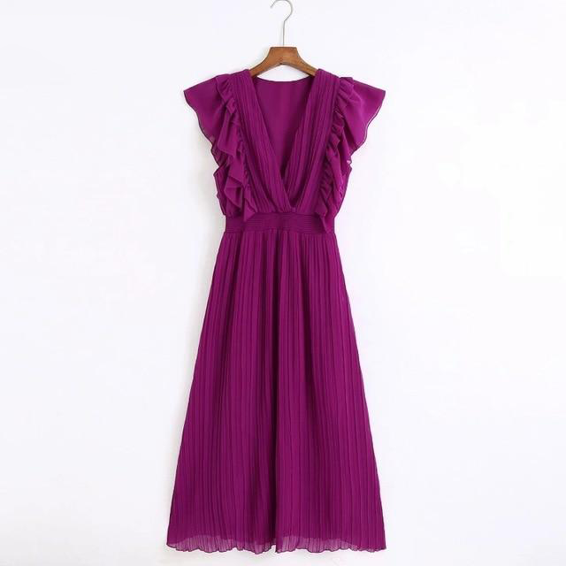 V-Neck Solid Color with Cascading Ruffles Midi Dress