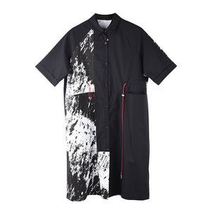 Black Pattern Printed Oversized Shirtdress with Collar