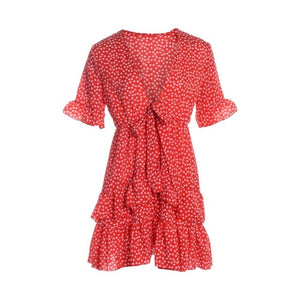 Fashion Polka Dot Boho Ruffle Mini Dress with Front Knot