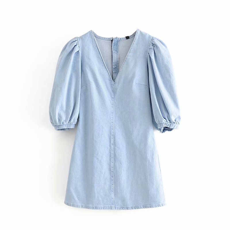 Vintage Blue Denim Dress with Lantern Sleeves