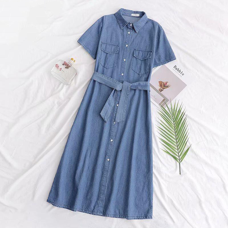 Summer Short Sleeve Blue Denim Shirtdress with Sash