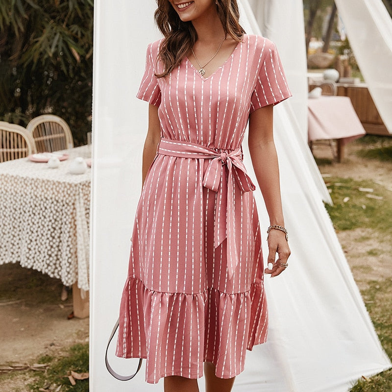 Vintage Striped Midi Dress with Sash Belt