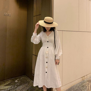 Elegant White Striped Shell Button Dress