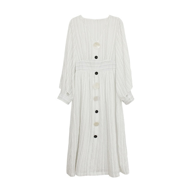 Elegant White Striped Shell Button Dress