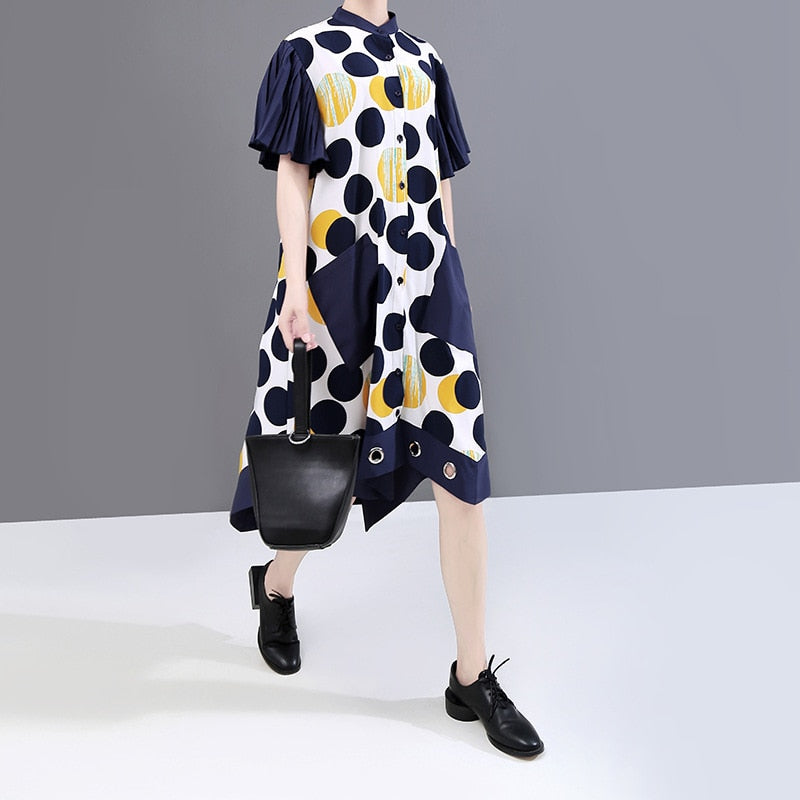 Dot Printed Irregular Oversized Shirtdress with Stand Collar