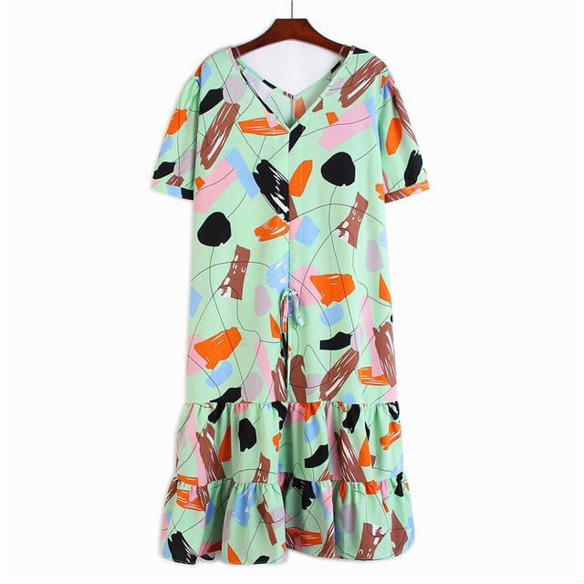 Colourful Summer Pattern Printed Drawstring Dress