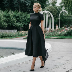 Elegant Vintage Black Satin Fit & Flare Dress