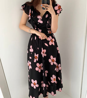Elegant Floral Ruffle Midi Dress