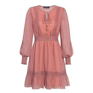 Vintage Pink Chiffon Floral Dress with Puff Sleeves