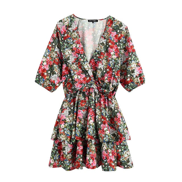 Chic Fashion Floral Print Knot Ruffled Mini Dress