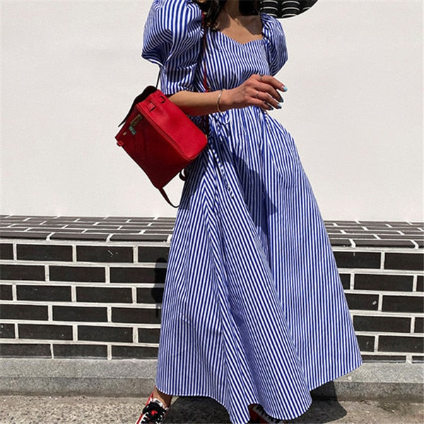 Summer Striped Bandage Split Dress with Puff Sleeves