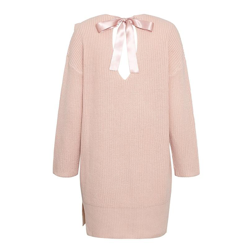 Pink Knitted Oversize Sweater Dress with Bow