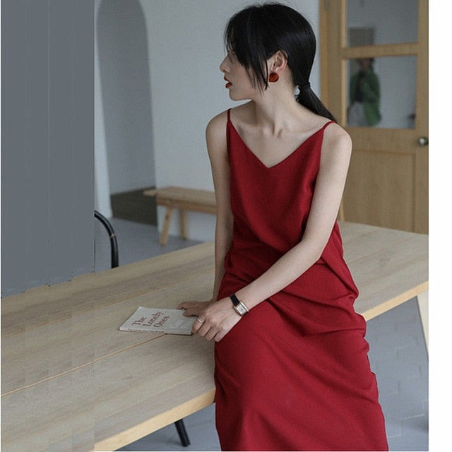 Solid V-neck Trendy Chiffon Side-slit Dress