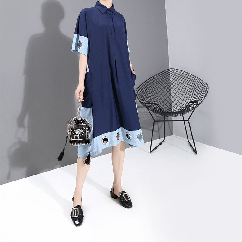 Blue Hollow Out Oversized Dress with Pockets