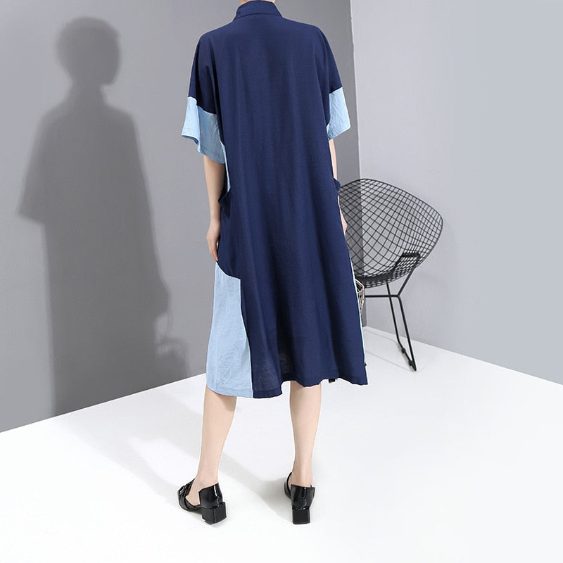 Blue Hollow Out Oversized Dress with Pockets