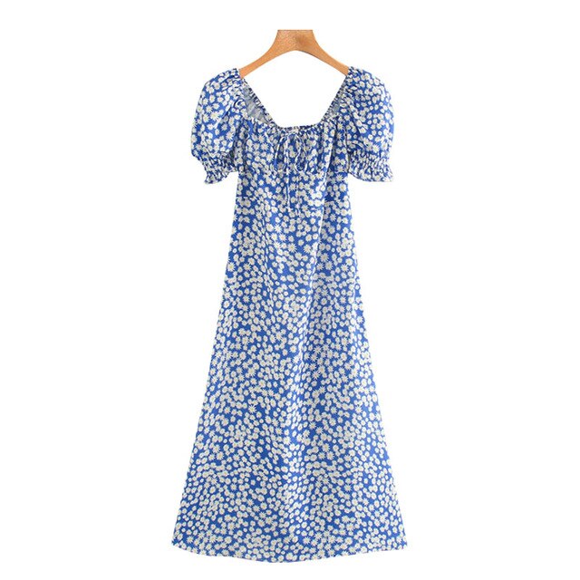 Chic Fashion Blue Floral Print Side Slit Midi Dress