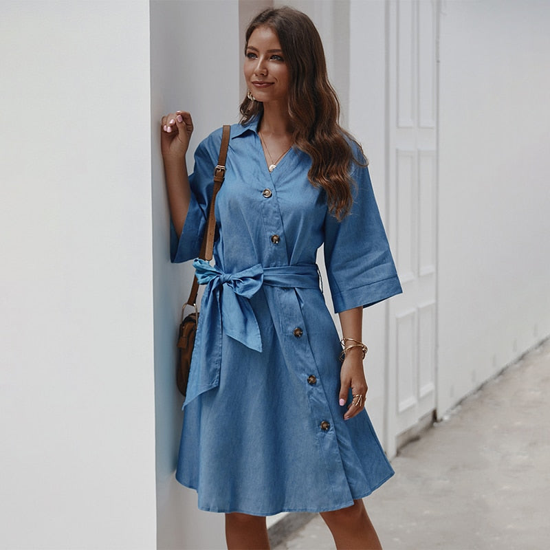 Denim Short Sleeve Dress with Bow Belt