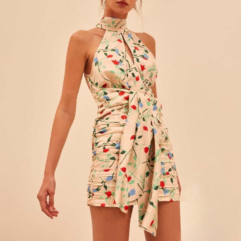 Vintage Print Halter Dress with Sash Belt