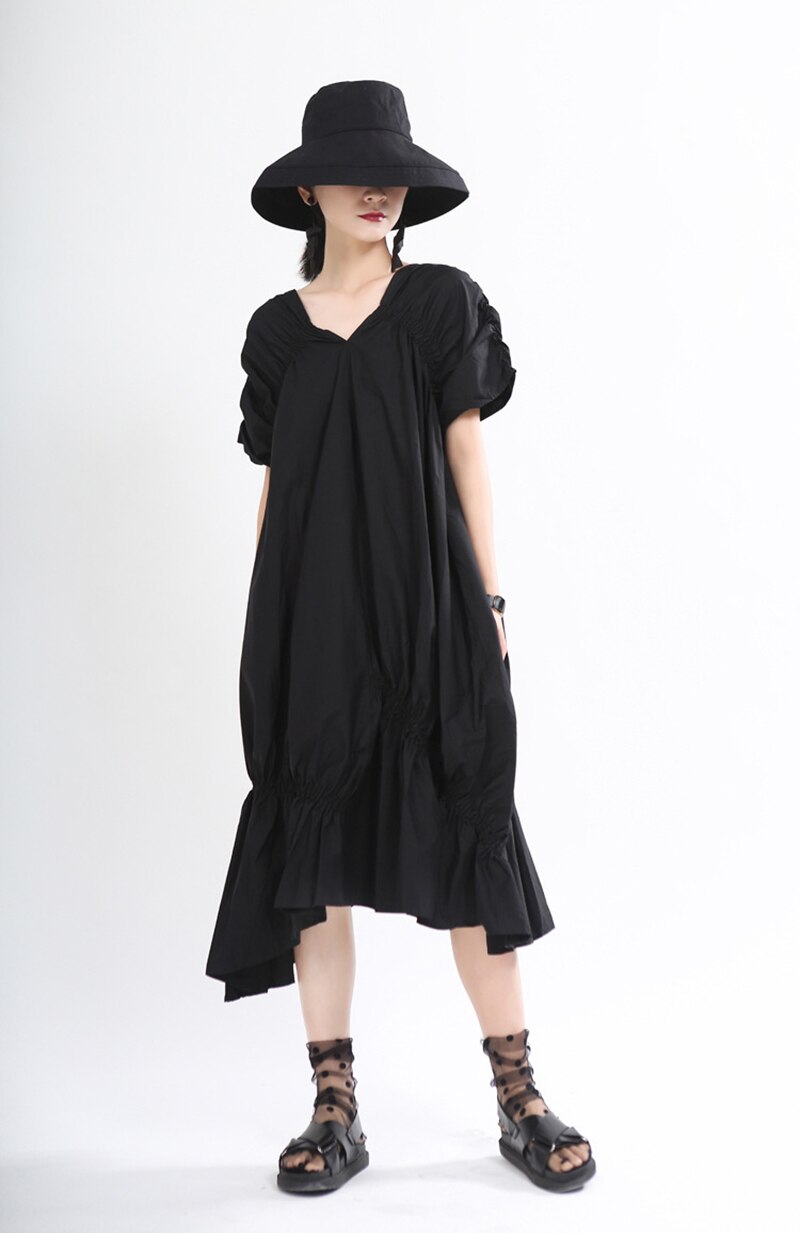 Black Pleated Asymmetrical Dress