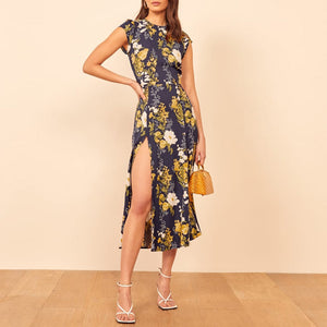 Vintage Floral Print Side Slit Dress with Cut Out Back