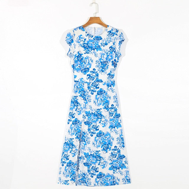 Vintage Floral Print Side Slit Dress with Cut Out Back