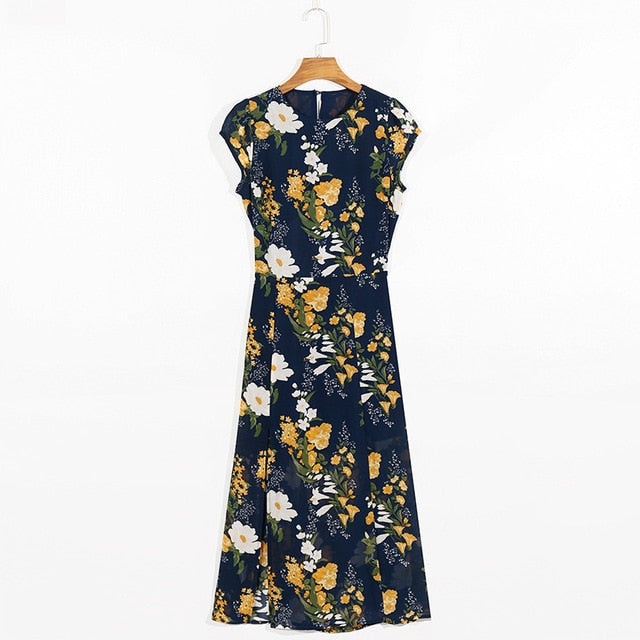 Vintage Floral Print Side Slit Dress with Cut Out Back