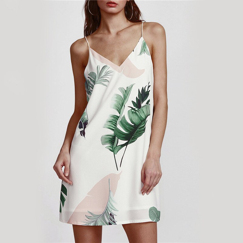 Summer White Beach Palm Leaf Print V-Neck Dress