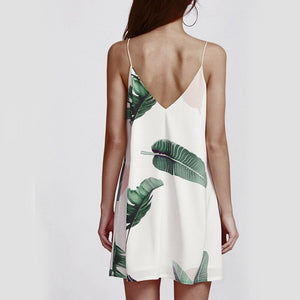 Summer White Beach Palm Leaf Print V-Neck Dress