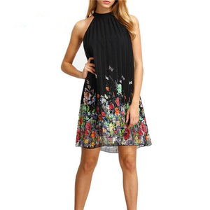 Summer Floral Print Black Sleeveless High Neck Dress