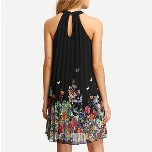 Summer Floral Print Black Sleeveless High Neck Dress