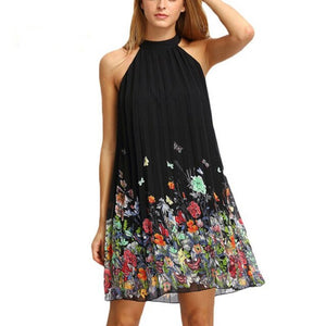 Summer Floral Print Black Sleeveless High Neck Dress