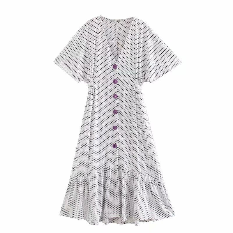 Vintage V-Neck Polka Dot Print Dress with Purple Buttons