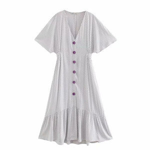 Vintage V-Neck Polka Dot Print Dress with Purple Buttons
