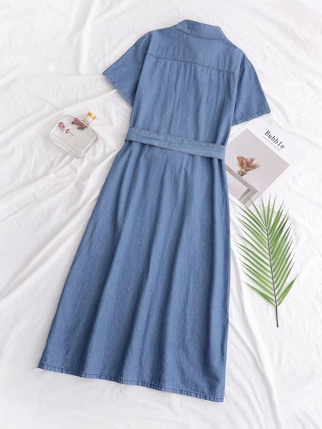 Short Sleeve Blue Denim Dress with Belt
