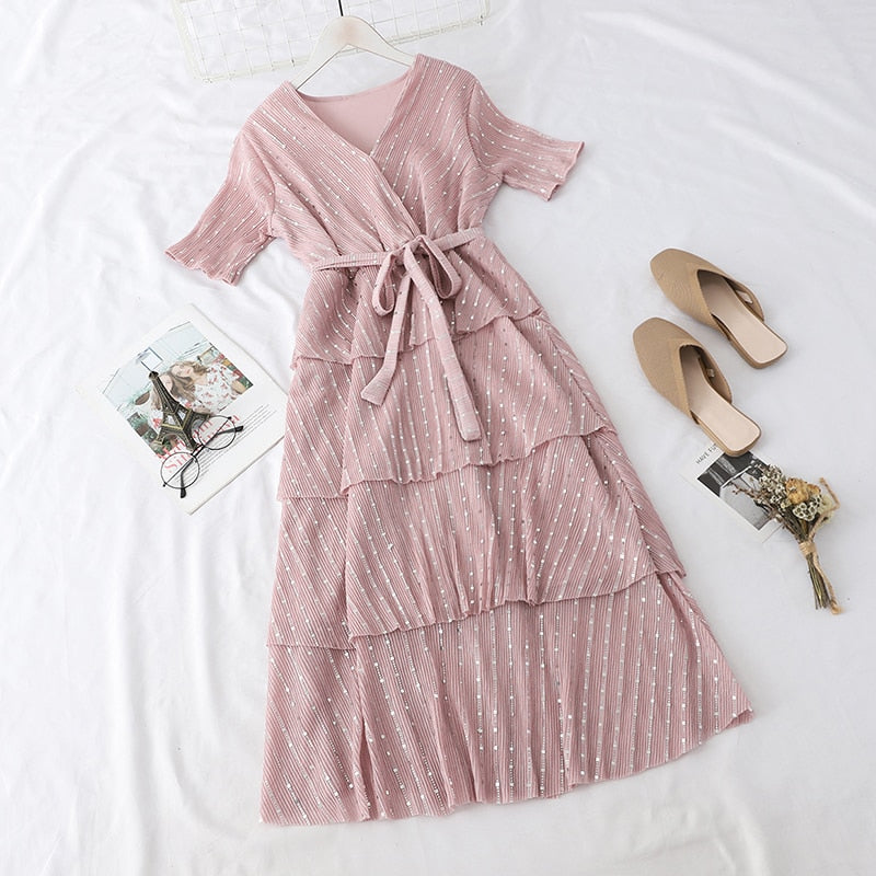 Striped Sequin Tiered Vintage Dress