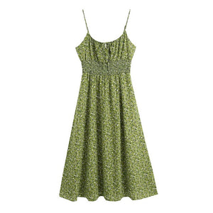 Floral Print Pleated Midi Dress in Green or White