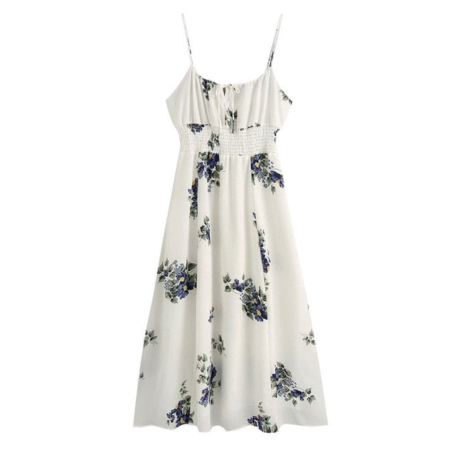 Floral Print Pleated Midi Dress in Green or White